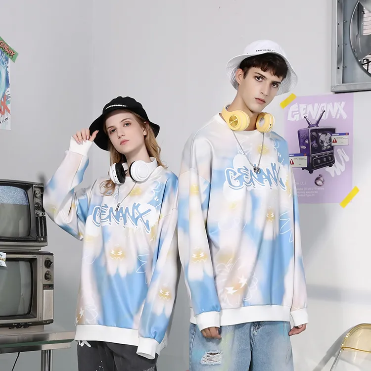 GENANX Crew Neck Loose Fit Regular Sweatshirt Unisex White Blue-4