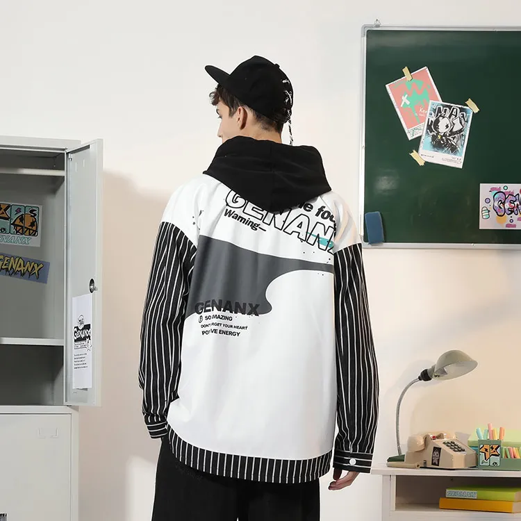GENANX Loose Fit Mock Two Piece Jacket Unisex Black White-2