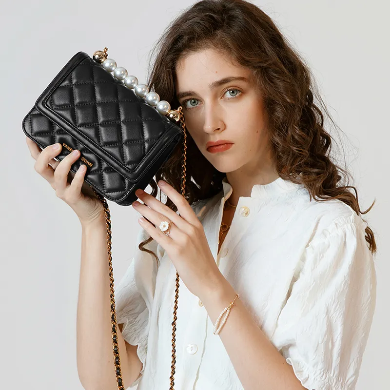 VANESSA HOGAN Genuine Leather Small Square Bag Shoulder Bag Crossbody Bag Women's Black-2