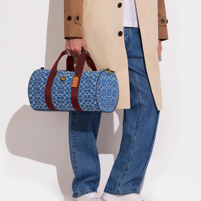 COACH Metropolitan Denim Fabric Canvas With Leather Handbag Crossbody Bag Travel Bag Large Size Unisex Denim & Red-3