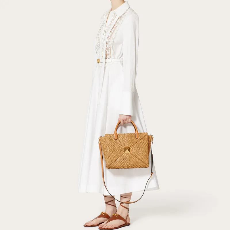 Valentino One Stud Raffia Fiber Shoulder Bag Crossbody Bag Handbag Medium Size Women's Brown-5