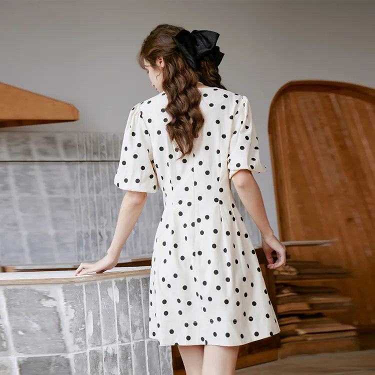 MISHOW Short Sleeved Dresses Women's Apricot Polka Dot-2