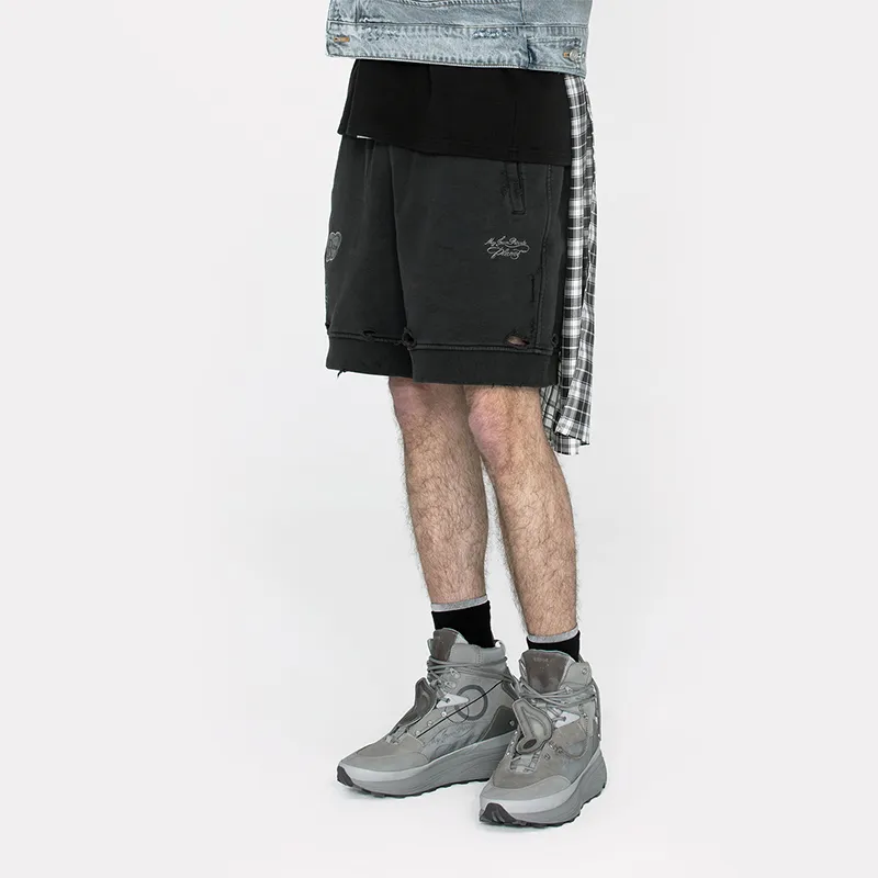 C2H4 Patched Ruin Distressed Sweat Shorts-4