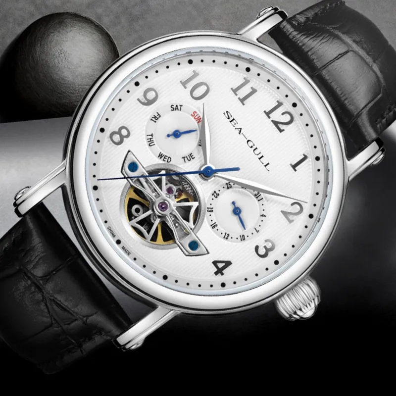 Sea Gull LE BRASSUS Collection Automatic Mechanical Movement Genuine Leather Strap Watch Men's Watches White Dial-6