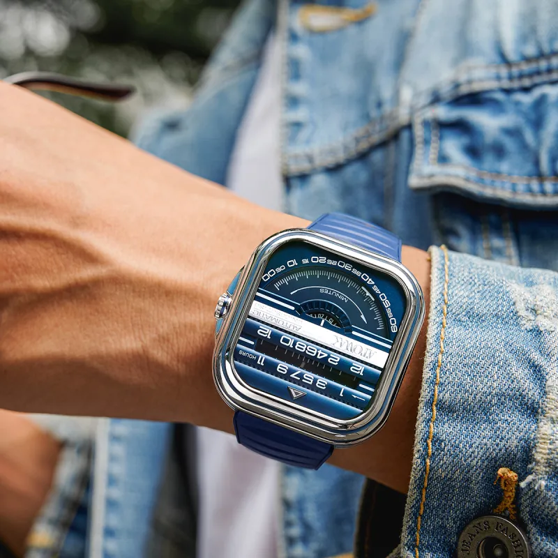 ATOWAK PRO Wrist Watch Mechanical Movement Genuine Leather Strap Blue Dial Men's Watches WS12-S1663-8