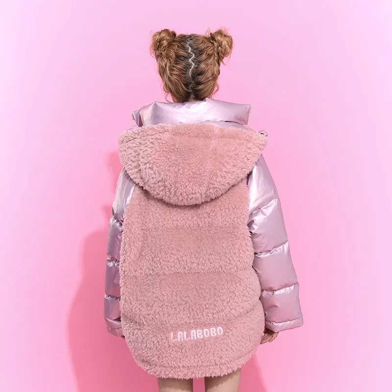 LALABOBO Animal Pattern Solid Color Hooded Loose Fit Long Down Jacket Women's-5
