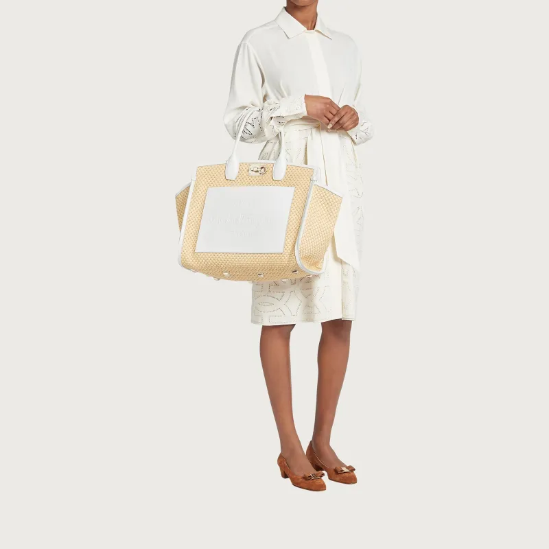FERRAGAMO Studio Fabric Cow Leather Patchwork Handbag Extra Large Women's White-6