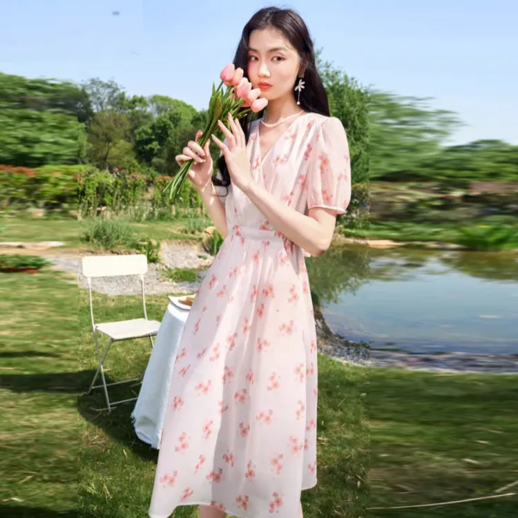 XIANGYING Short Sleeved Dress Women's Pink-2
