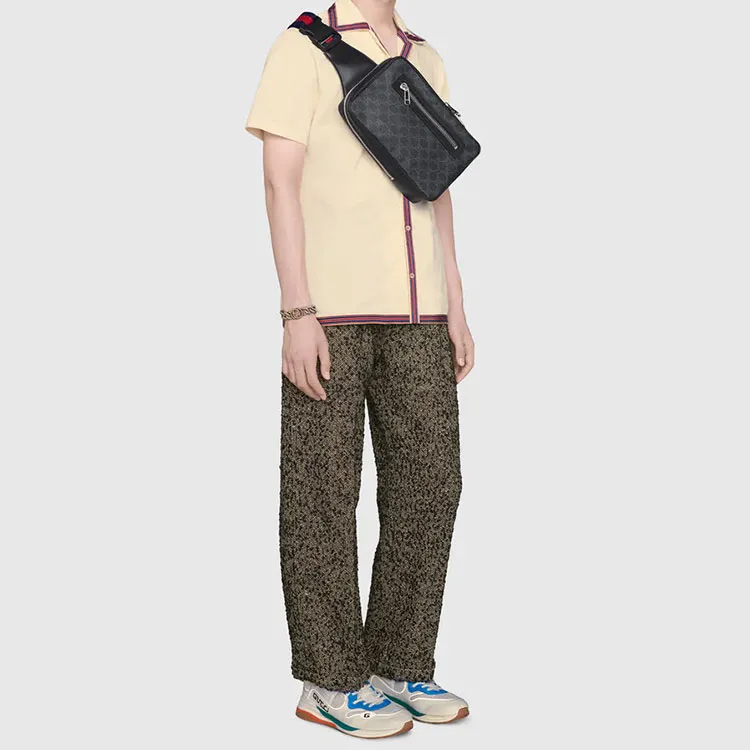 GUCCI Cotton Patchwork Canvas Sling Bag Fanny Pack Medium Size Men's Gray Black-4