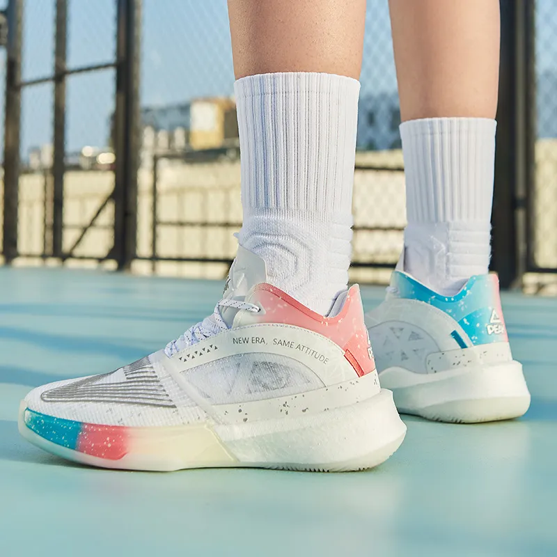 PEAK Taichi Ripple Triangle Anti Slip And Wear Resistant Breathable Mid Top Basketball Shoes Men's All White-6