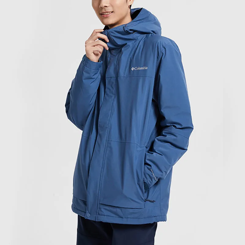 Columbia Letter Solid Color Hooded Puffer Jacket Men's Blue-3
