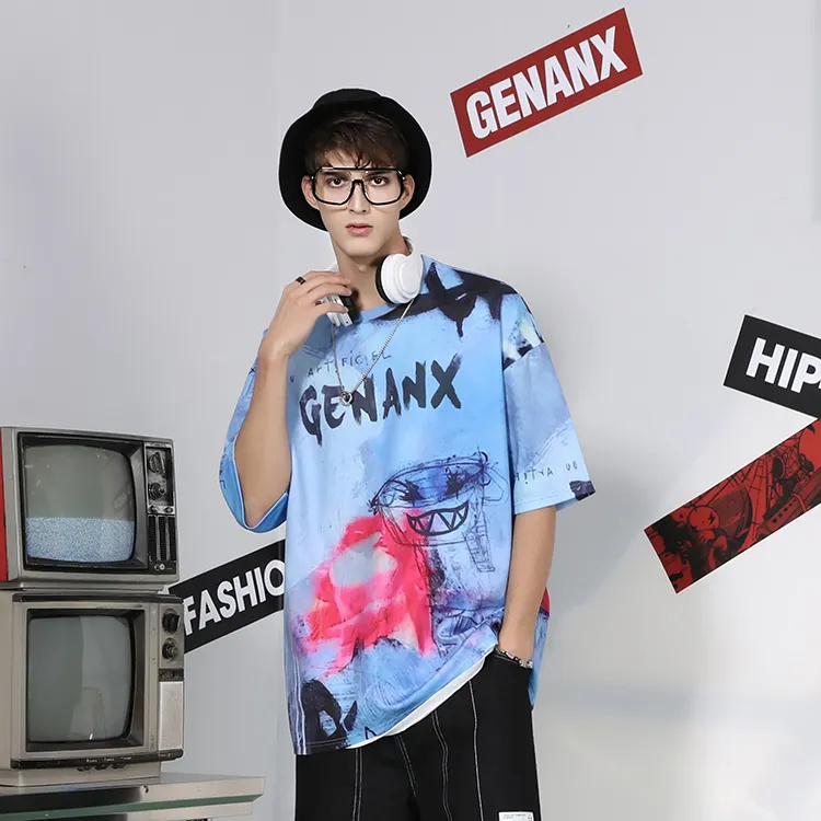 GENANX Straight Elbow Length Sleeved T Shirt Unisex Gray Blue-2