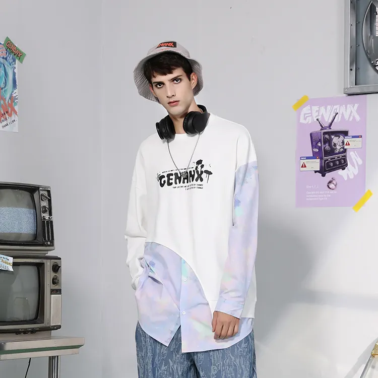 GENANX Crew Neck Loose Fit Mock Two-Piece Sweatshirt Unisex White-2