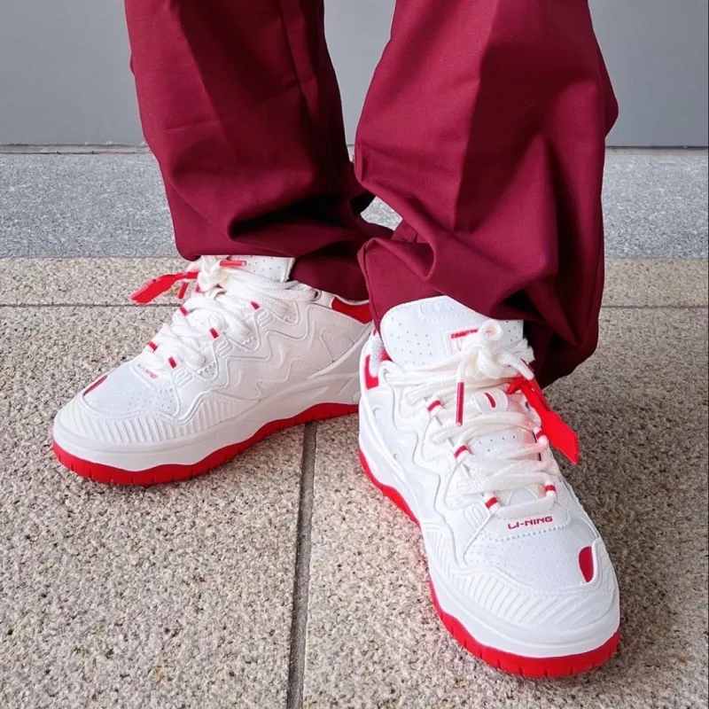 LiNing CF Tracing Theone Cushioning Anti Slip And Wear Resistant Low Top Casual Shoes Women's White Red-6