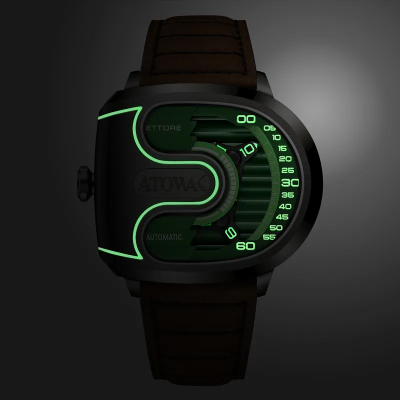 ATOWAK Wind-chasing Series Wrist Watch Automatic Mechanical Movement Genuine Leather Strap Green Dial Men's Watches-5