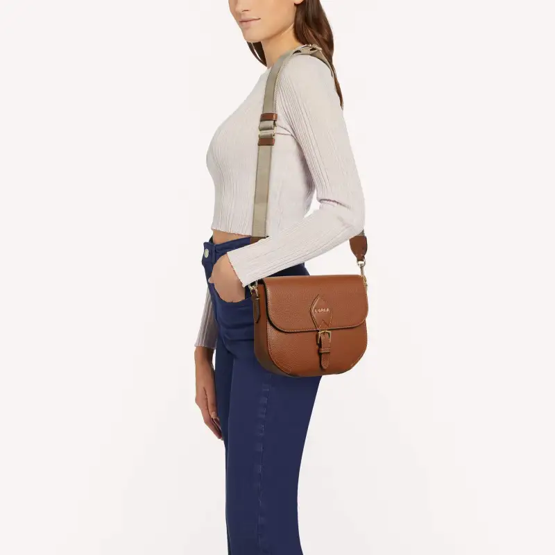 Furla Urania Grained Calfskin Saddle Bag Shoulder Bag Crossbody Bag Small Size Women's Brown-4