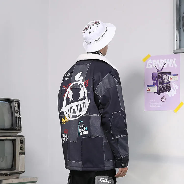 GENANX Letter Cartoon Lapel Loose Fit Puffer Jacket Unisex Dark Gray Blue-2
