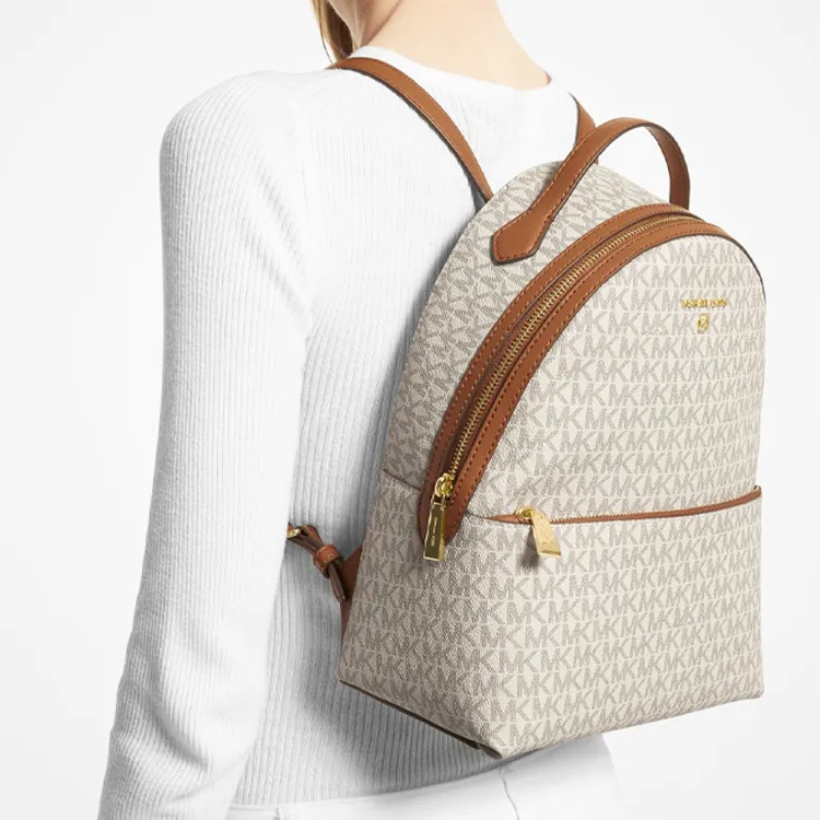 MICHAEL KORS Valerie Coated Canvas Backpack Medium Size Women's Vanilla White & Acorn Brown-4