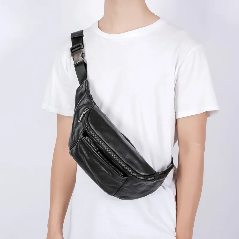 Ace Paul Genuine Leather Top Grain Cow Leather Crossbody Bags Fanny Pack Sling Bags Medium Size Unisex Black-6