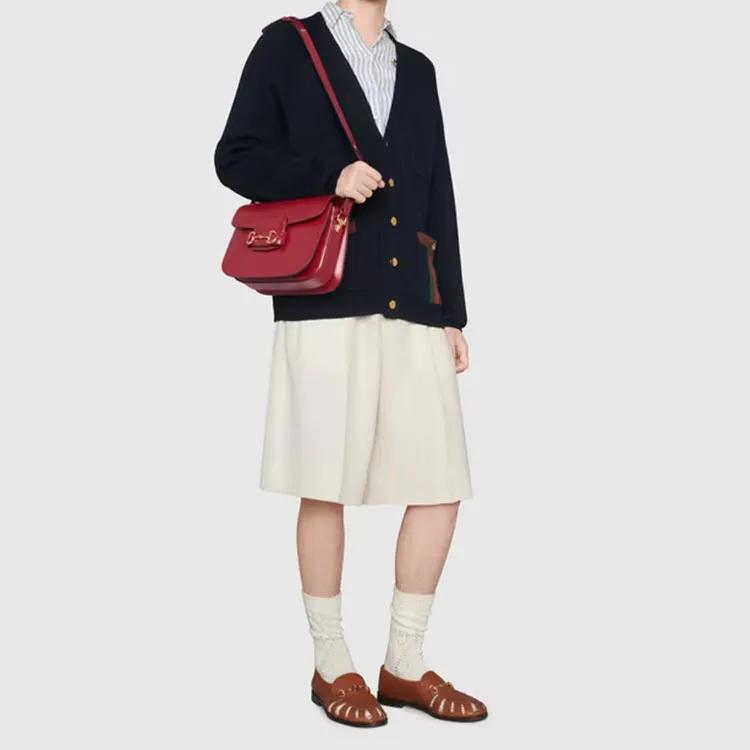 GUCCI Horsebit 1955 Leather Saddle Bag, Shoulder Bag, Crossbody Bag Trumpets Women's Red-10