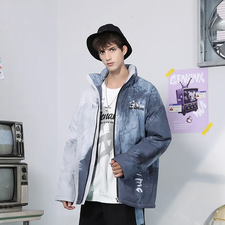 GENANX Letter Colorblock Stand Collar Loose Fit Puffer Jacket Unisex Gray-3