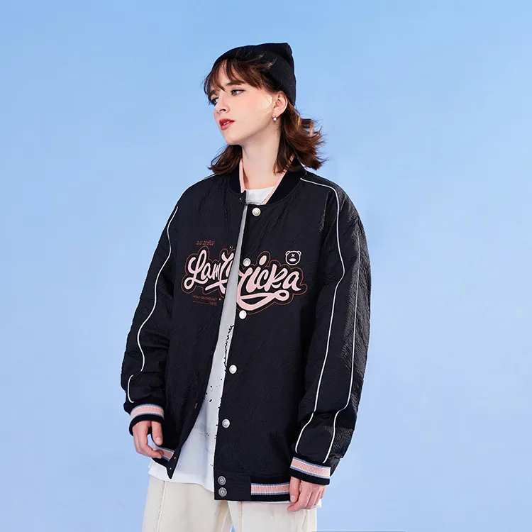 LAMLICKA Letter Baseball Collar Loose Fit Thickened Regular Edition Puffer Jacket Unisex Black-3