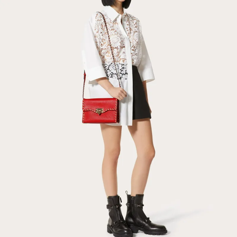 Valentino Rockstud Calfskin Messenger Bag Shoulder Bag, Crossbody Bag Women's Red-5