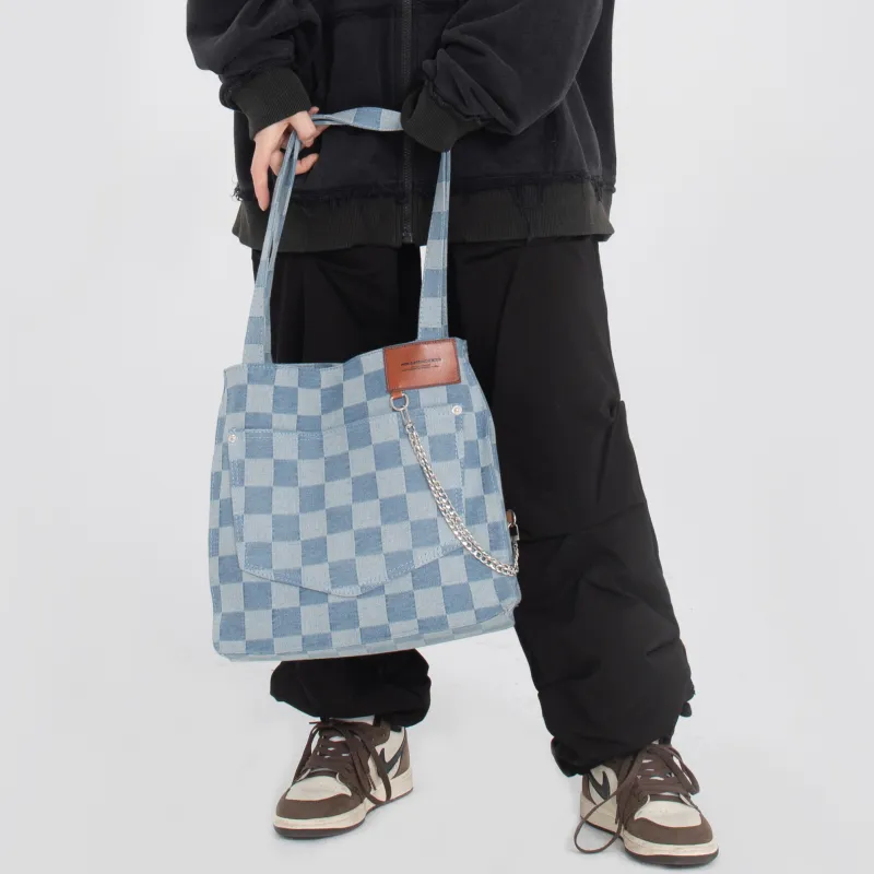 KILLWINNER Denim Tote Bag, Shopping Bag, Chain Bag, Shoulder Bag Unisex Light Blue-6