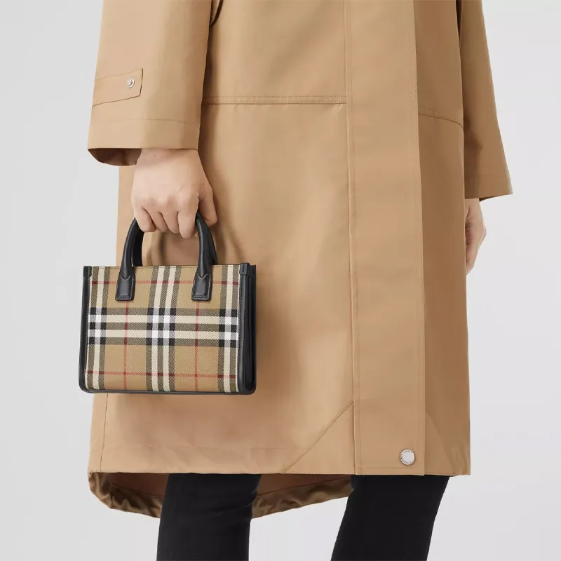 Burberry Mini Vintage Check And Leather Tote Bag Archive Beige-9