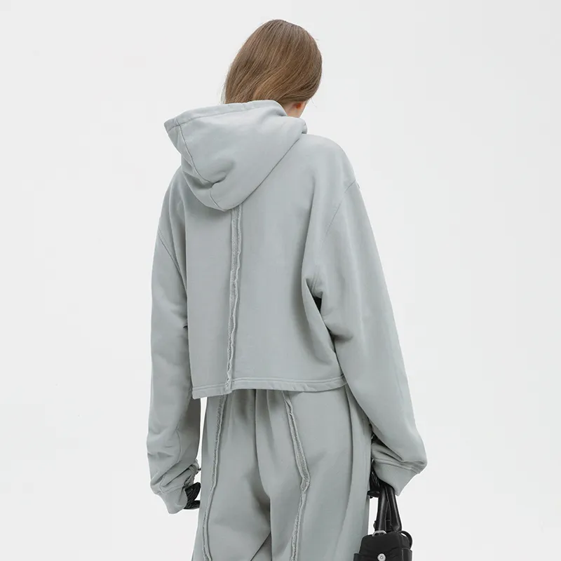 C2H4 Zippered Raw Edge Short Hoodie 'Grey'-2