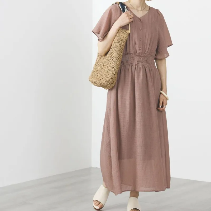 Beams Short Sleeved Dresses Women's Pink-2