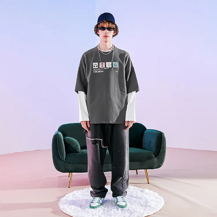 LAMLICKA YINYUEXIONGMAO Crew Neck Fitted Mock Two Piece T Shirt Unisex-2