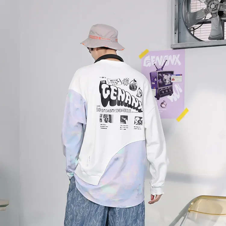 GENANX Crew Neck Loose Fit Mock Two-Piece Sweatshirt Unisex White-3