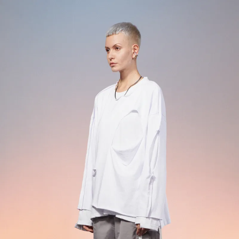 LOSTCTRL Straight Long Sleeved T Shirt Unisex White-4