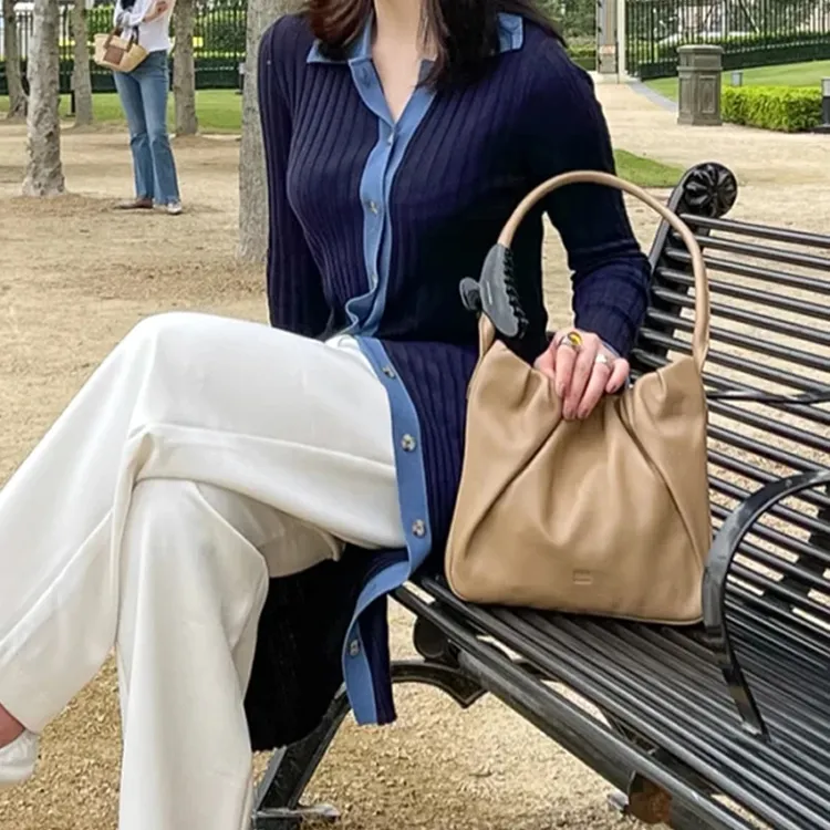 QULU Sheepskin Tote Shoulder Bag Puff Bag Large Size Women's Milk White/Coffee-6