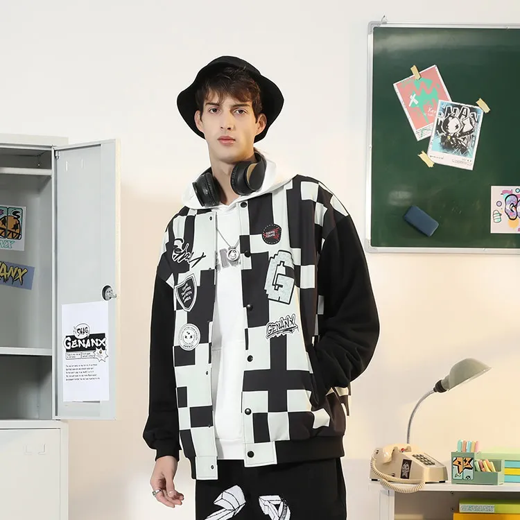 GENANX Baseball Jacket Unisex Black White-3