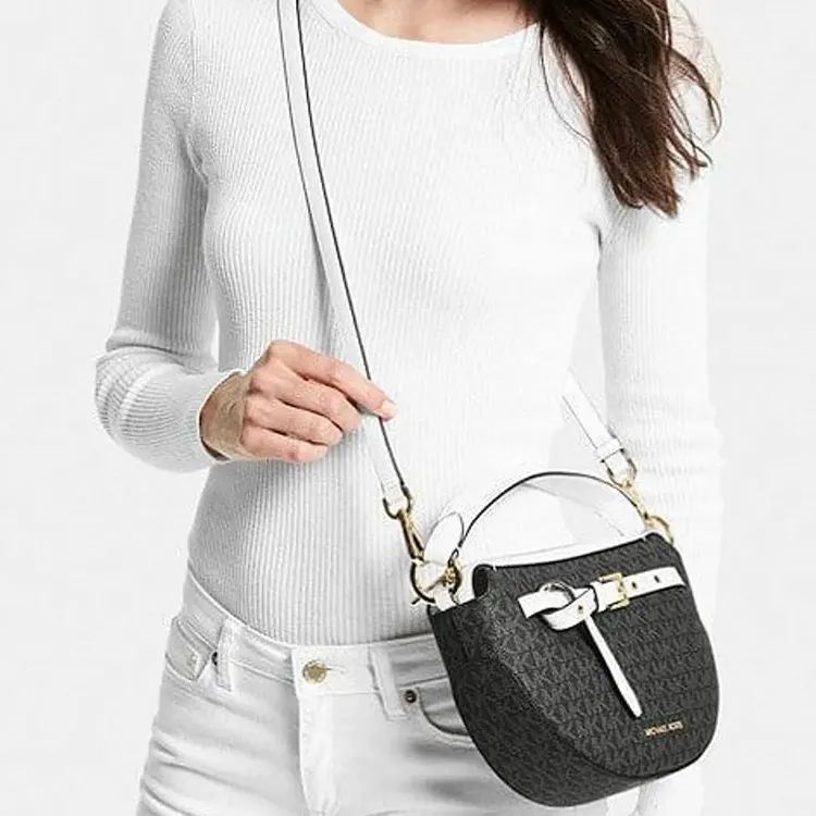 MICHAEL KORS Emilia Canvas Crescent Bag, Saddle Bag, Crossbody Bag, Shoulder Bag Medium Size Women's Black-3