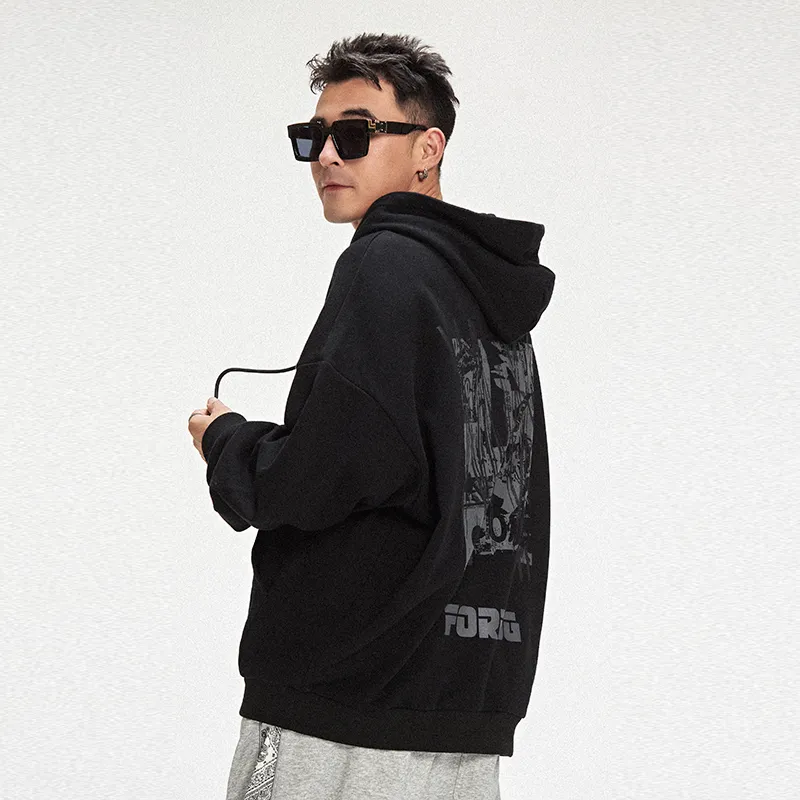 FORHUG Hooded Loose Fit Regular Sweatshirt Unisex Black-5