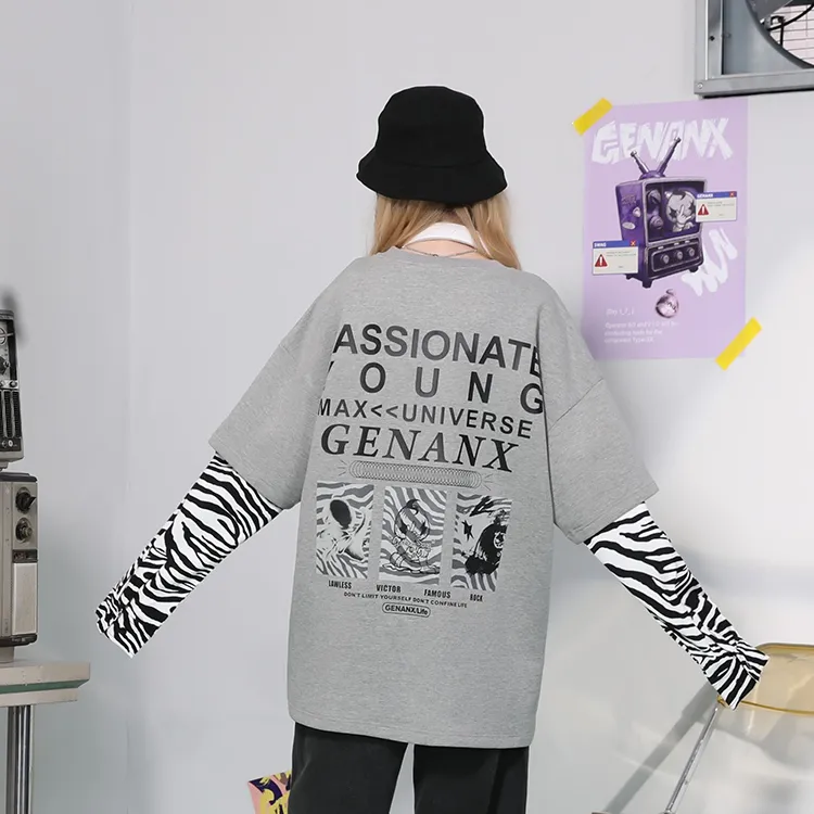 GENANX Crew Neck Loose Fit Mock Two Piece Sweatshirt Unisex Gray-3