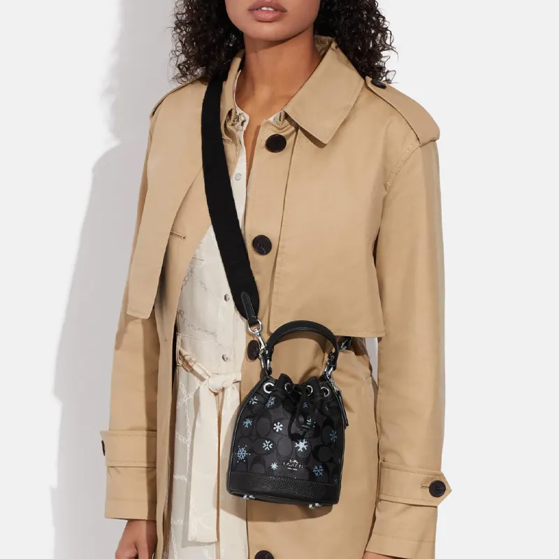 COACH Dempsey Artificial Leather With Cow Leather Bucket Bag, Handbag, Shoulder Bag, Crossbody Bag Mini Women's Black-3