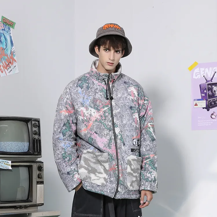 GENANX Letter Stand Collar Loose Fit Puffer Jacket Unisex Gray/Apricot Gray-11