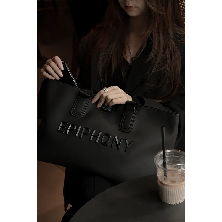 EPIPHQNY Nylon Fabric Tote Bag Shopping Bag Shoulder Bag Unisex Black-4