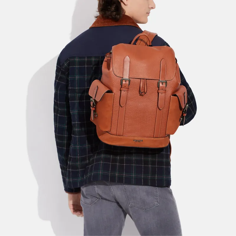 COACH Hudson Calfskin Patchwork Suede Leather Backpack Large Size Men's Sunset Red-4