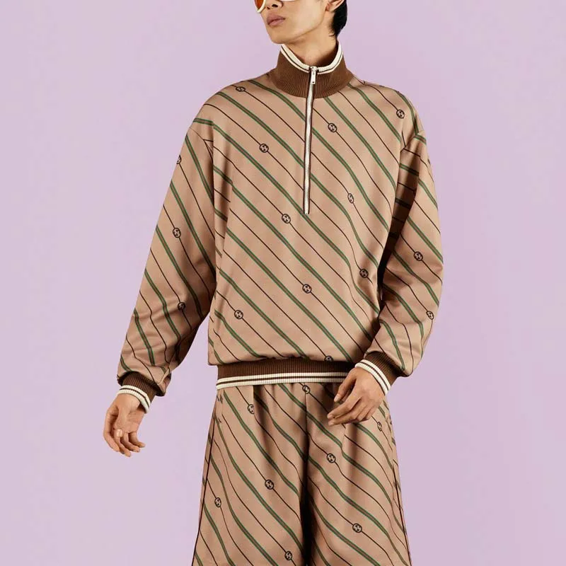 GUCCI Twill Gg Stripe Knit Half Zip Jacket-1