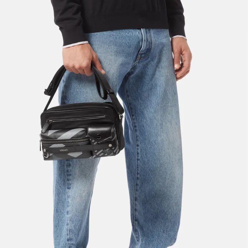 VERSACE Calfskin Trim Messenger Bag Crossbody Bag Shoulder Bag Men's Black-4