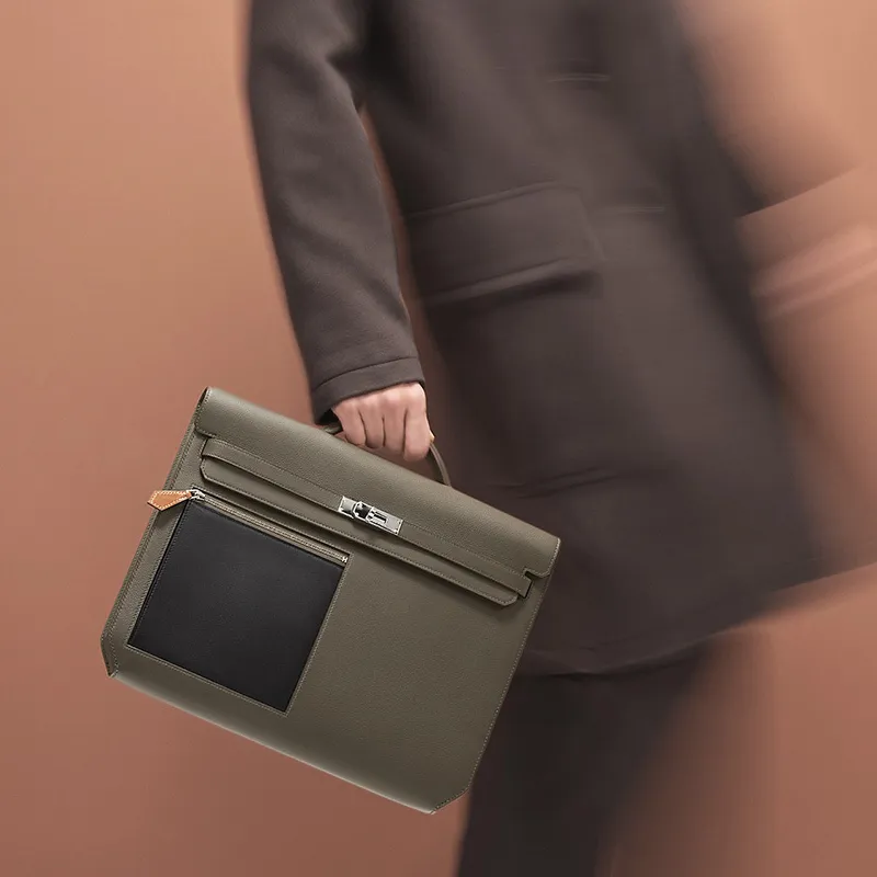 HERMES Kelly Depeches Cow Leather Briefcases Handbags Men's Jungle Green Black/Light Tawny-5