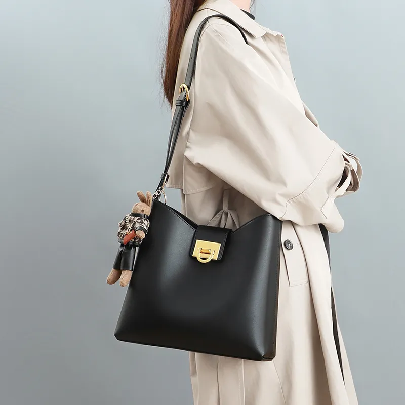 VINEY Cow Leather Bucket Bags Crossbody Bag Shoulder Bag Large Size Women's Caramel-8