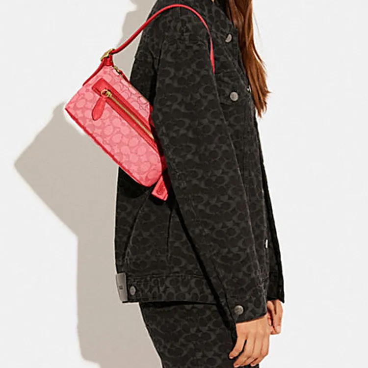 COACH Demi Jacquard Fabric With Recycled Leather Shoulder Bag, Handbag Medium Size Women's Red-4