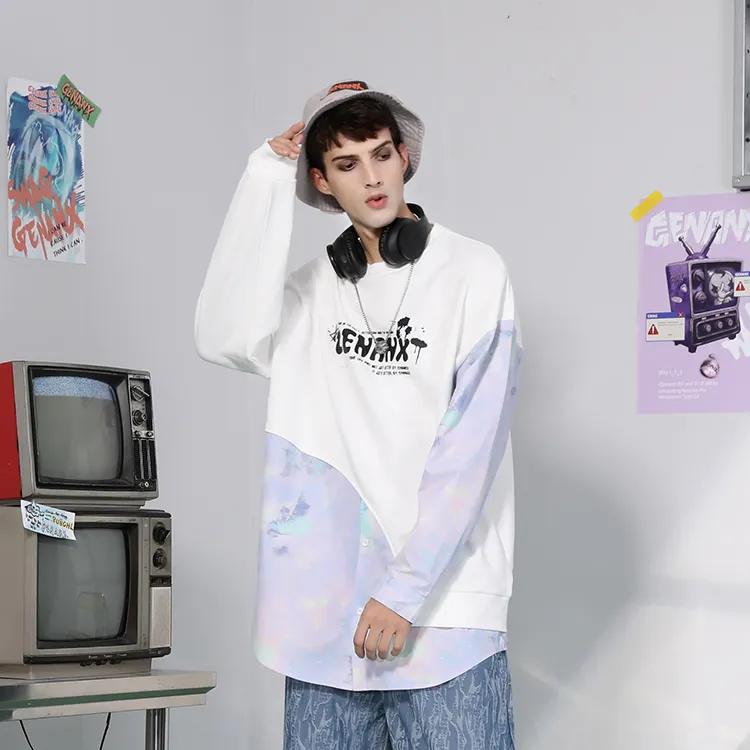 GENANX Crew Neck Loose Fit Mock Two-Piece Sweatshirt Unisex White-4