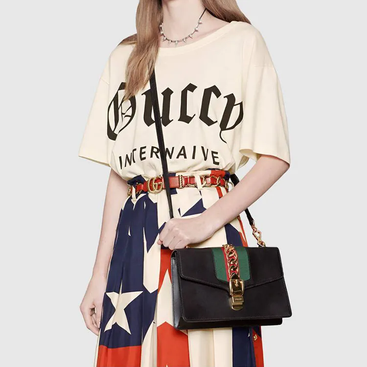 GUCCI Sylvie Leather Handbag, Crossbody Bag, Shoulder Bag Trumpets Women's Black-7